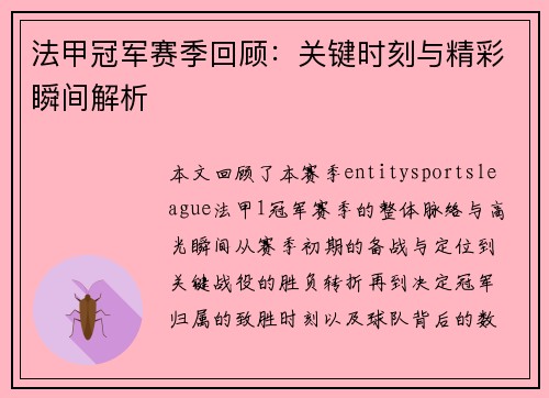 法甲冠军赛季回顾：关键时刻与精彩瞬间解析